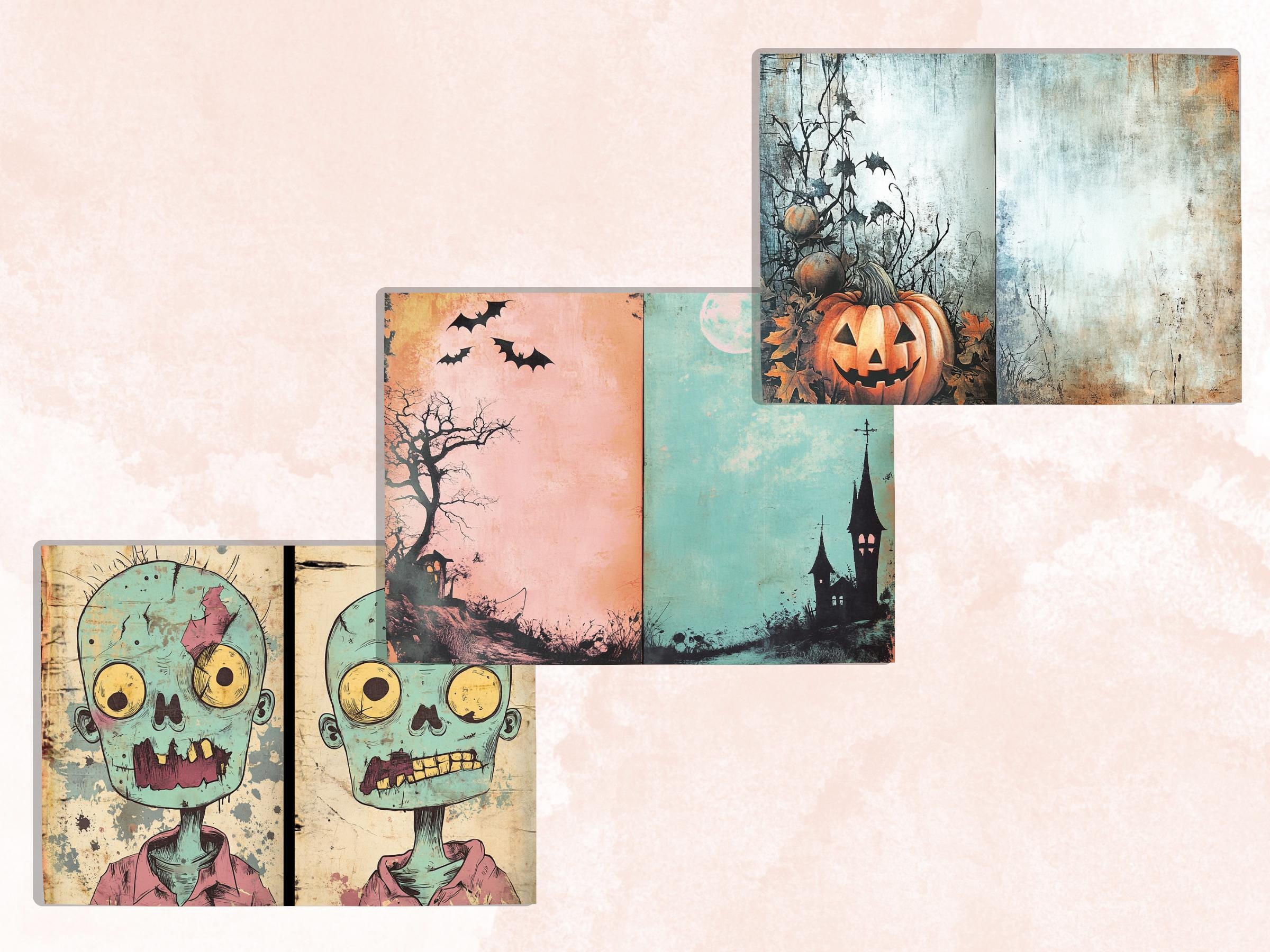 Pastel Halloween Mixed Media Paper, Pastelloween Textures Pages Ephemera Kit, Cute Halloween Collage Scrapbook Paper, Printable Creepy Pages