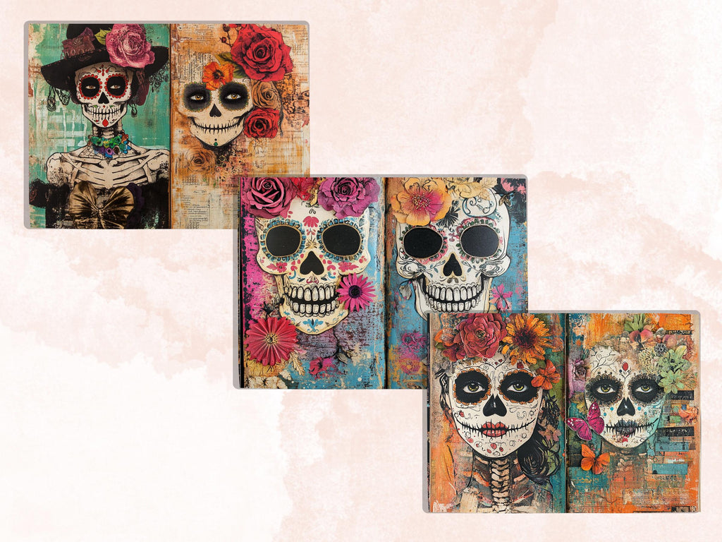 Day of the Dead Mixed Media Paper, Dia de Los Muertos Textures Pages Ephemera Kit, Halloween Collage Scrapbook Paper, Cute Creepy Pages