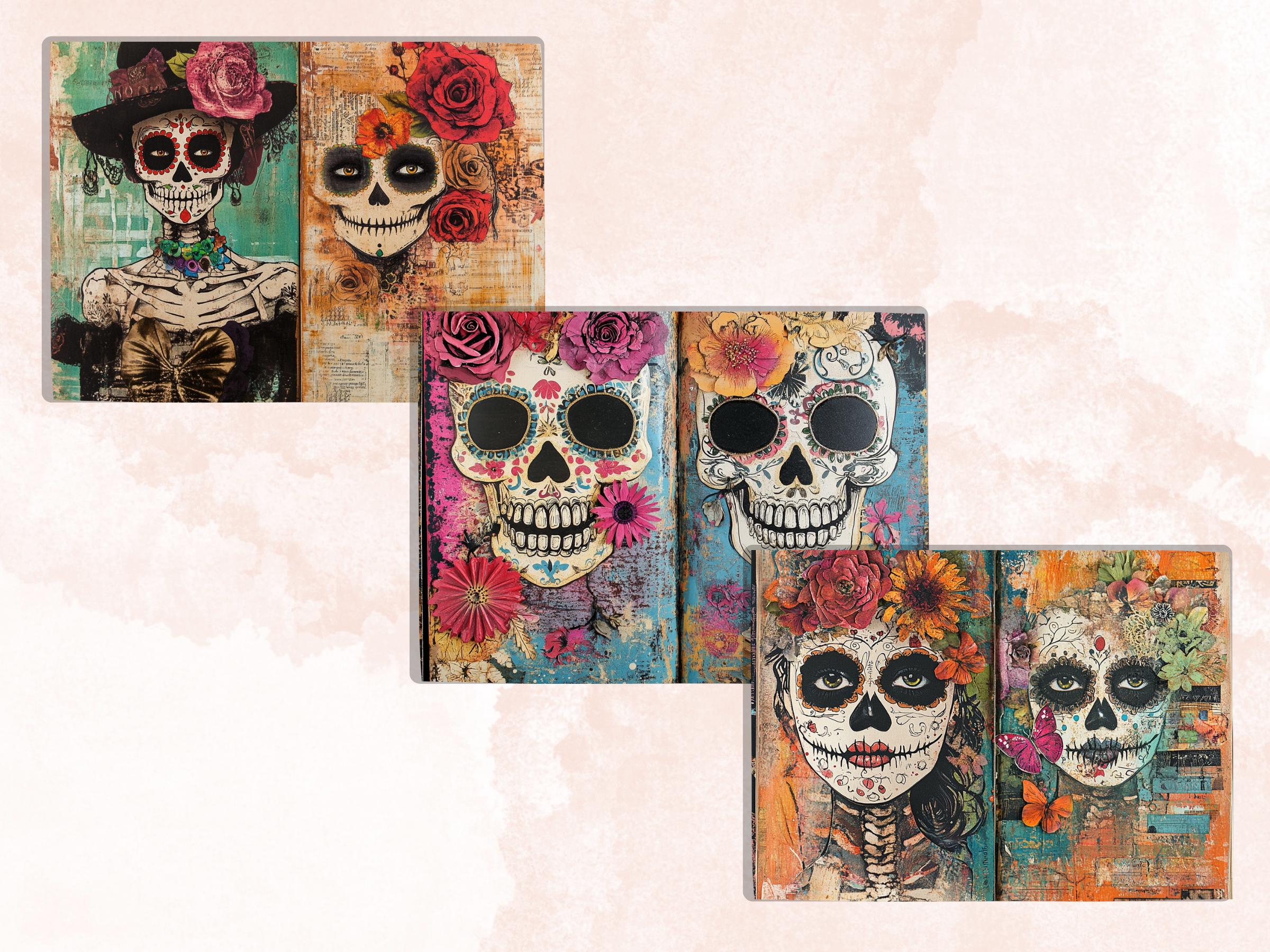 Day of the Dead Mixed Media Paper, Dia de Los Muertos Textures Pages Ephemera Kit, Halloween Collage Scrapbook Paper, Cute Creepy Pages