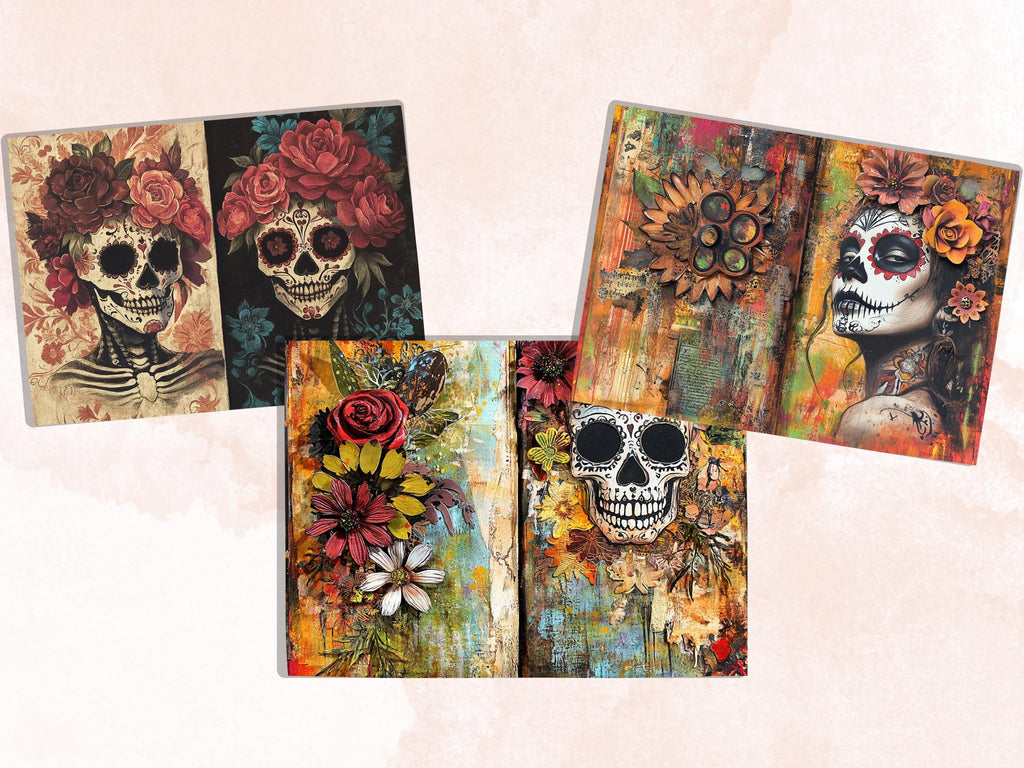 Day of the Dead Mixed Media Paper, Dia de Los Muertos Textures Pages Ephemera Kit, Halloween Collage Scrapbook Paper, Cute Creepy Pages