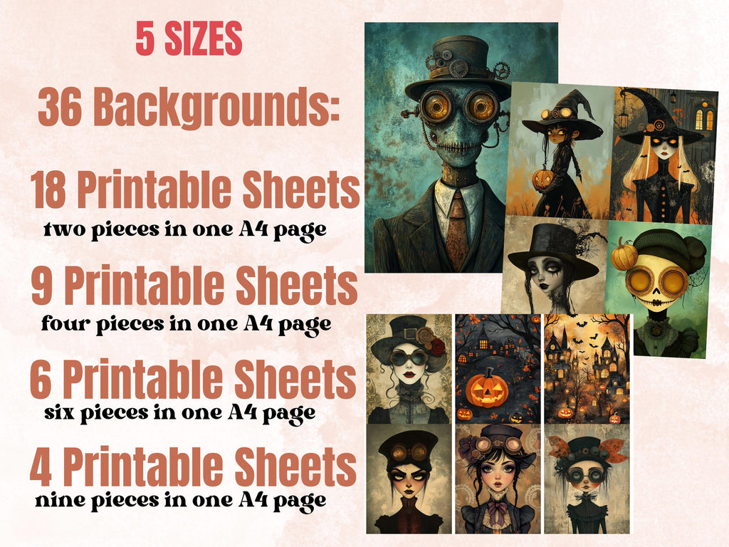 Steampunk Halloween Collage Elements Bundle, Industrial Halloween Fussy Cut, Quirky Spooky Clipart, Whimsy Junk Journal, Mixed Media Sheet