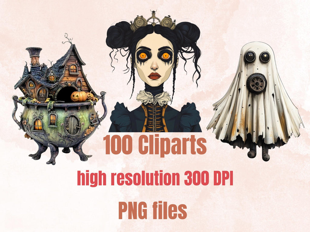 Steampunk Halloween Collage Elements Bundle, Industrial Halloween Fussy Cut, Quirky Spooky Clipart, Whimsy Junk Journal, Mixed Media Sheet