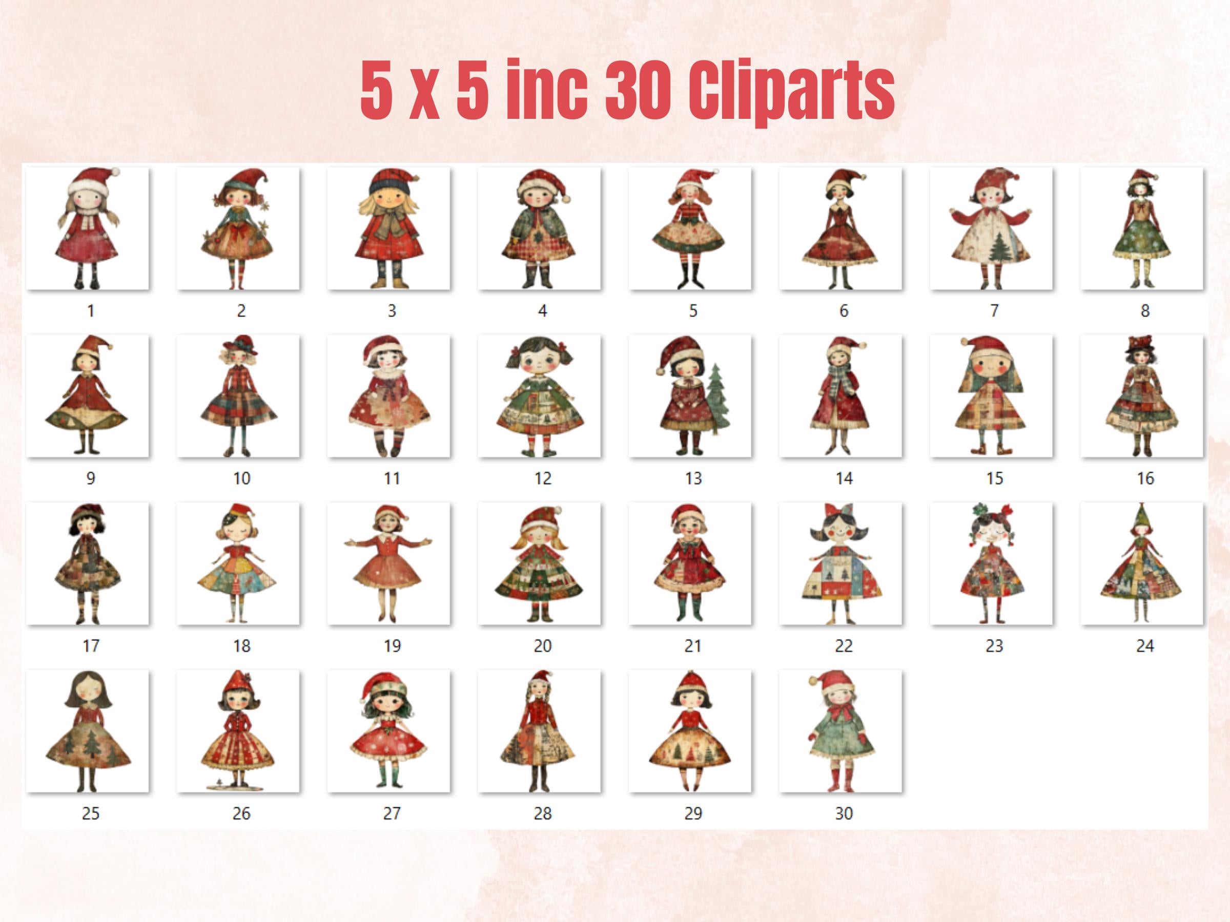 Christmas Paper Doll Clipart: Whimsical Xmas Cut Outs (PNG + JPG Digital Download