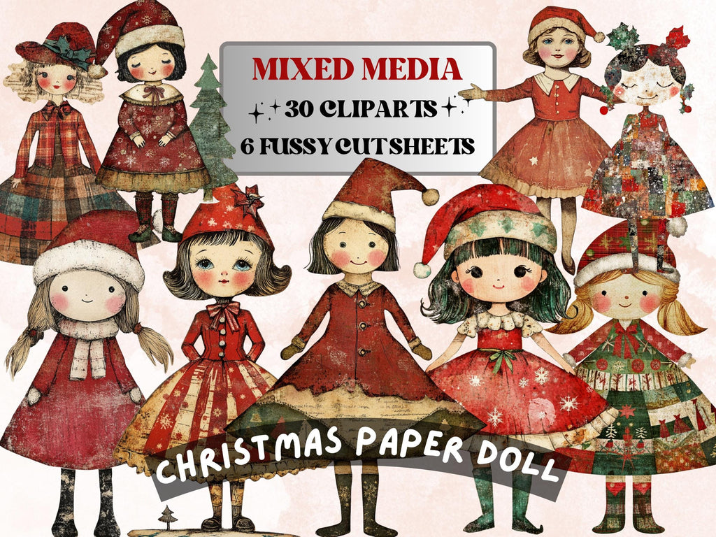 Christmas Paper Doll Clipart: Whimsical Xmas Cut Outs (PNG + JPG Digital Download