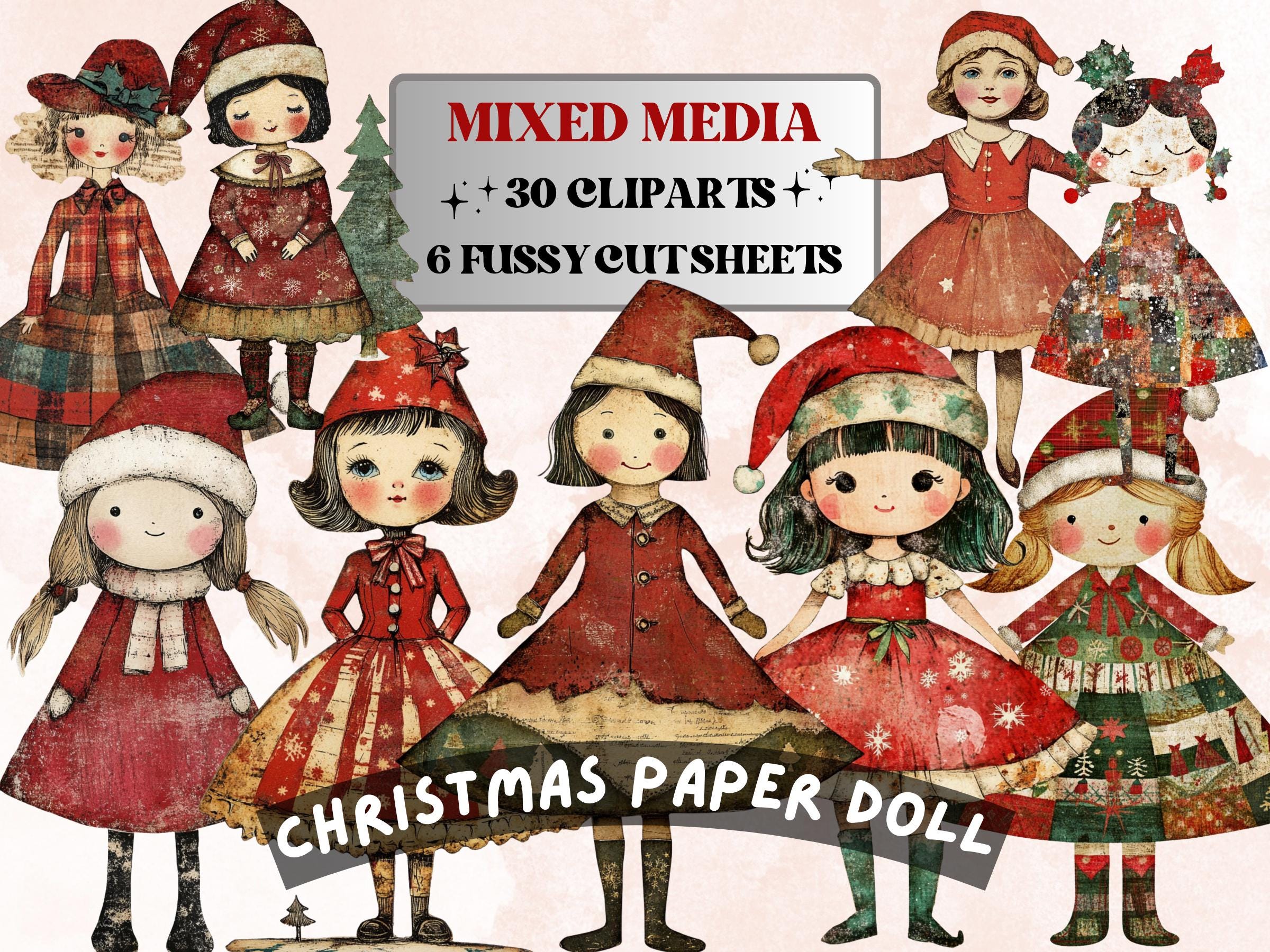 Christmas Paper Doll Clipart: Whimsical Xmas Cut Outs (PNG + JPG Digital Download