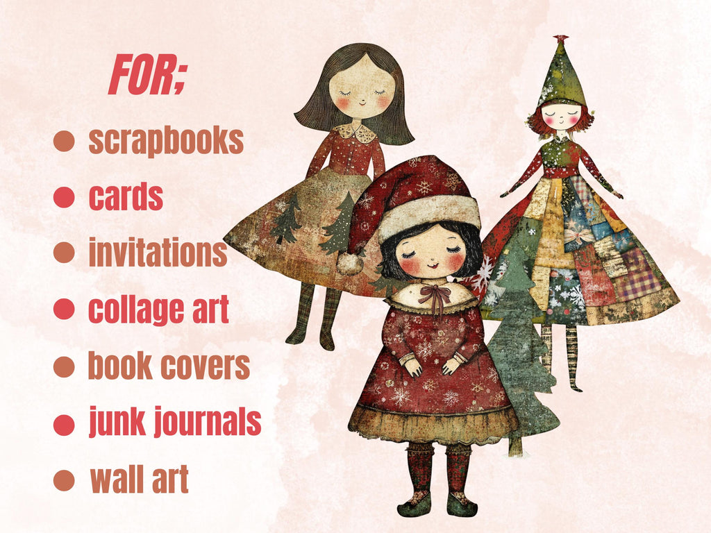 Christmas Paper Doll Clipart: Whimsical Xmas Cut Outs (PNG + JPG Digital Download