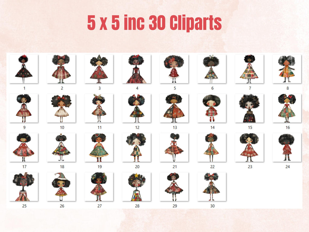 Christmas Black Doll Clipart: Xmas Afro Girl Fussy Cuts (PNG + JPG Digital Download