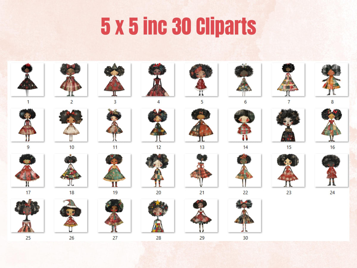 Christmas Black Doll Clipart: Xmas Afro Girl Fussy Cuts (PNG + JPG Digital Download