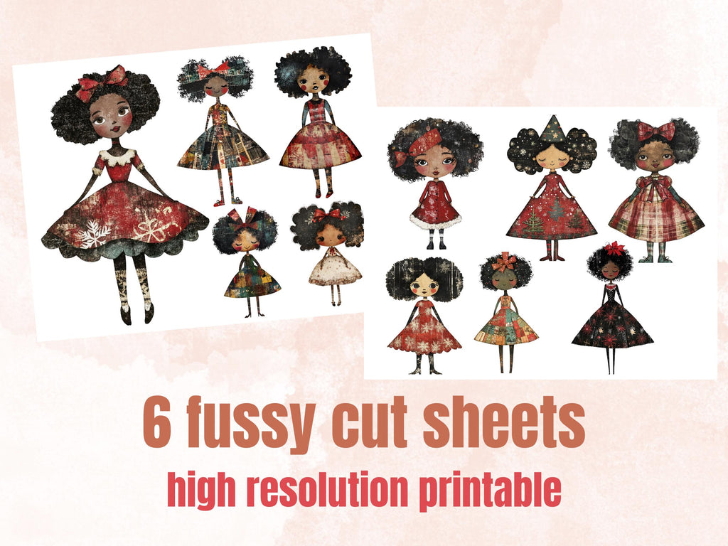 Christmas Black Doll Clipart: Xmas Afro Girl Fussy Cuts (PNG + JPG Digital Download