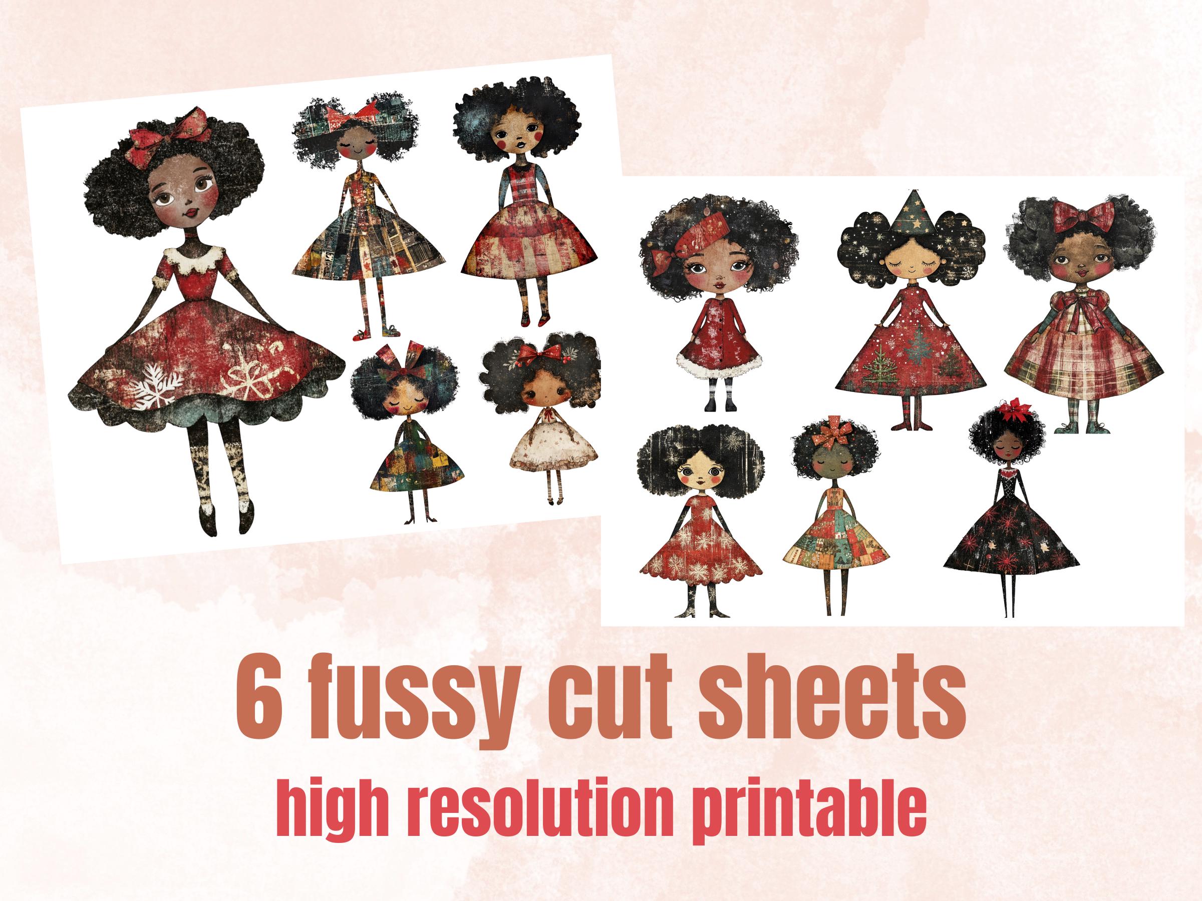 Christmas Black Doll Clipart: Xmas Afro Girl Fussy Cuts (PNG + JPG Digital Download