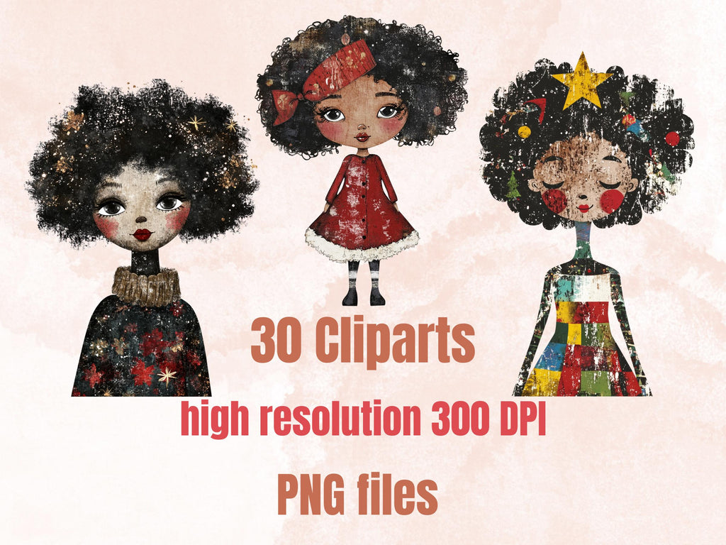 Christmas Black Doll Clipart: Xmas Afro Girl Fussy Cuts (PNG + JPG Digital Download