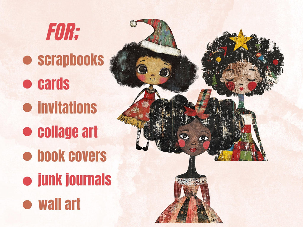 Christmas Black Doll Clipart: Xmas Afro Girl Fussy Cuts (PNG + JPG Digital Download