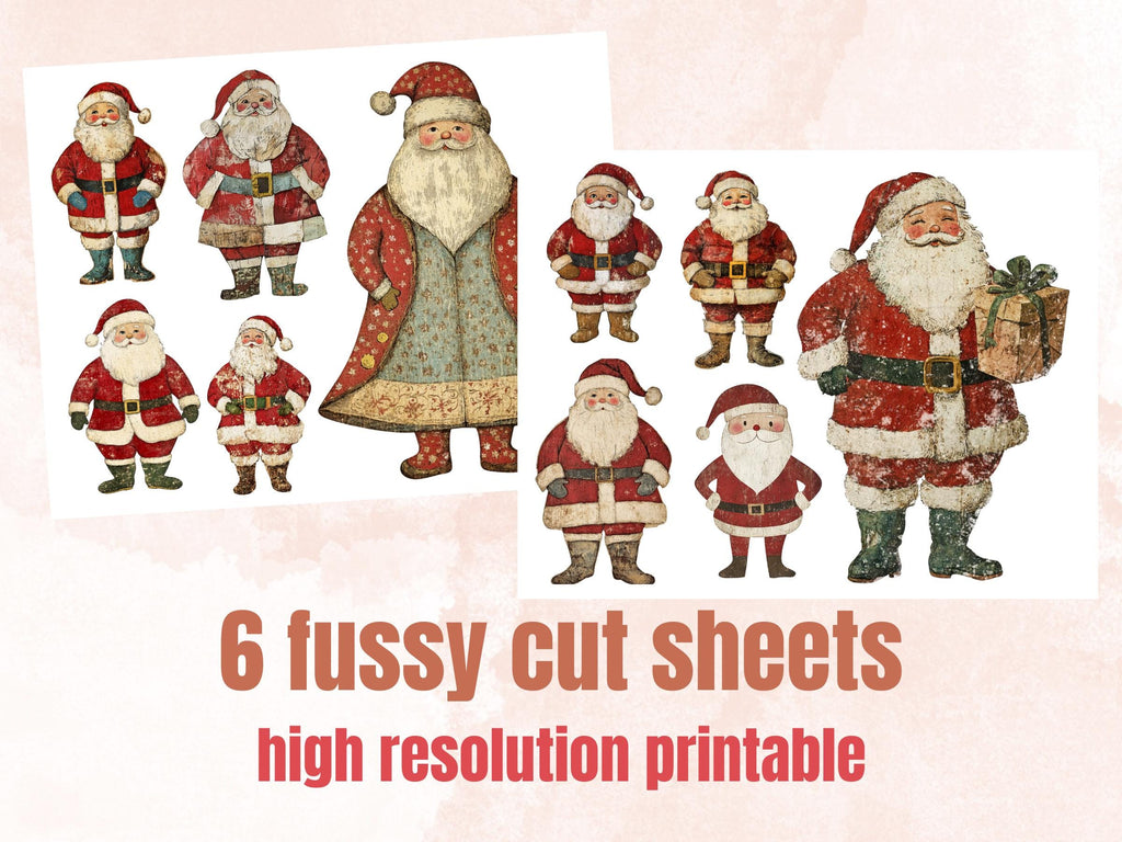 Christmas Santa Mixed Media Clipart, Whimsy Santa Claus Fussy Cut Collage Sheet, Quirky Xmas Cut Out Ephemera, PNG + JPG for Scrapbooking