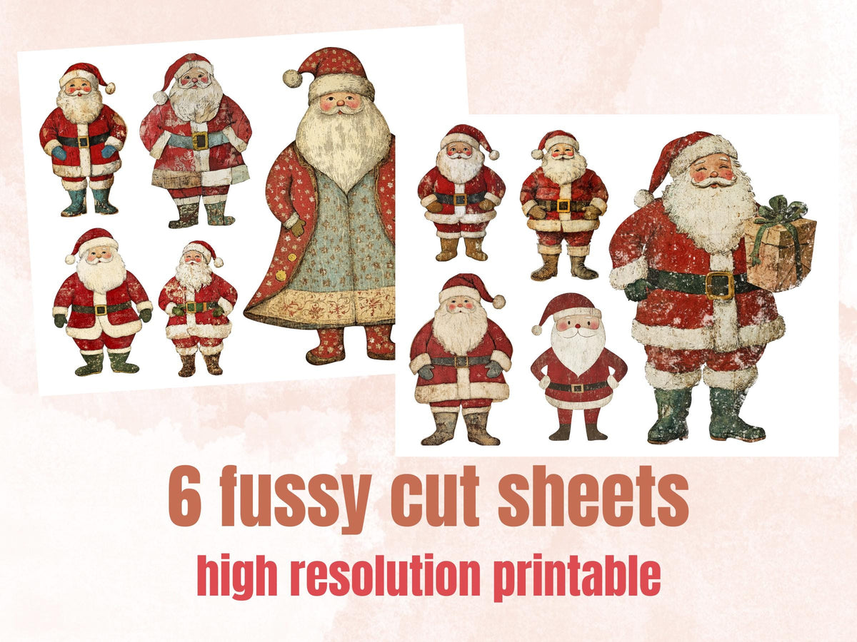 Christmas Santa Mixed Media Clipart, Whimsy Santa Claus Fussy Cut Collage Sheet, Quirky Xmas Cut Out Ephemera, PNG + JPG for Scrapbooking