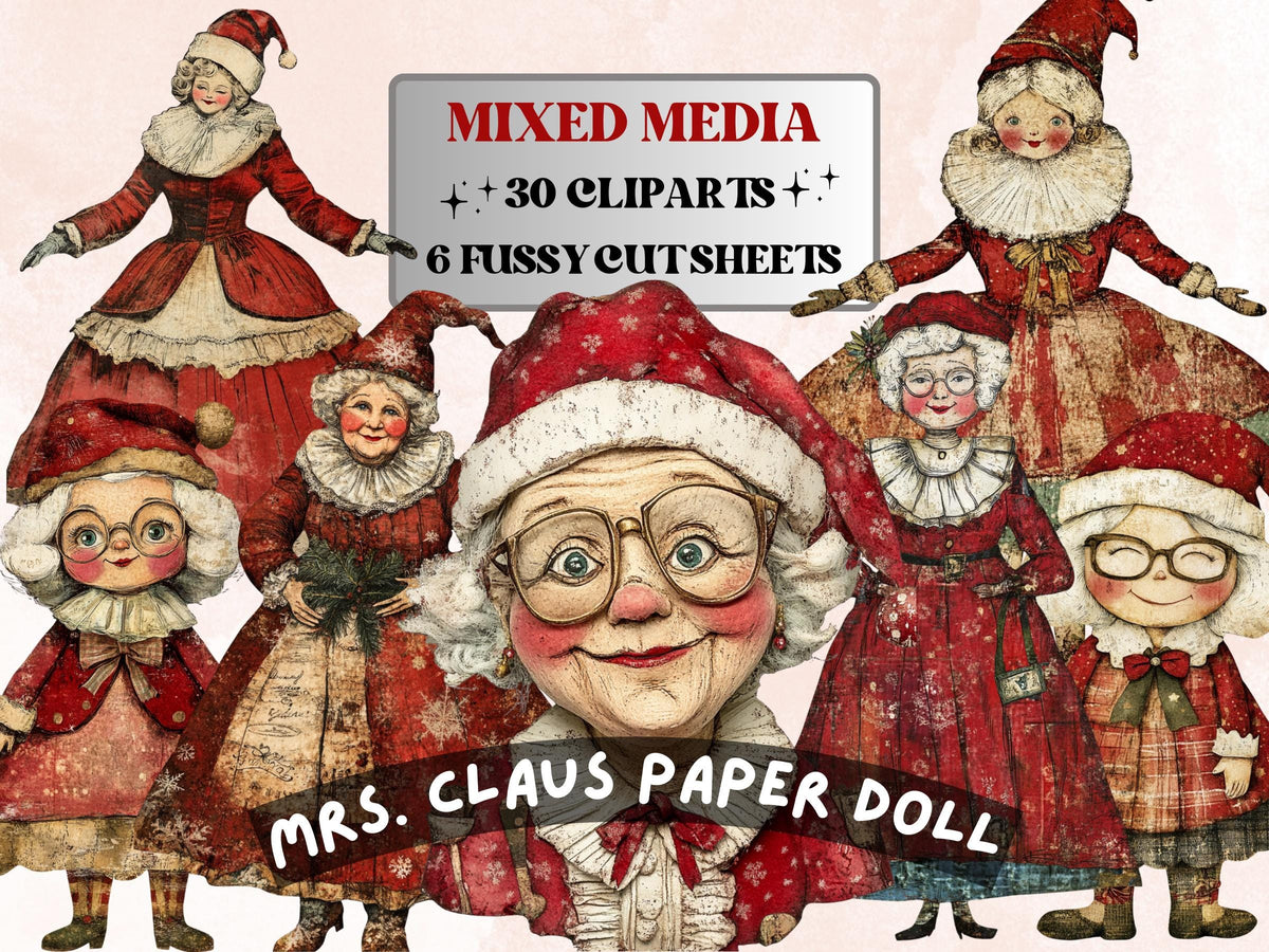 Whimsical Mrs. Claus Clipart: Christmas Collage Ephemera (PNG + JPG Digital Download