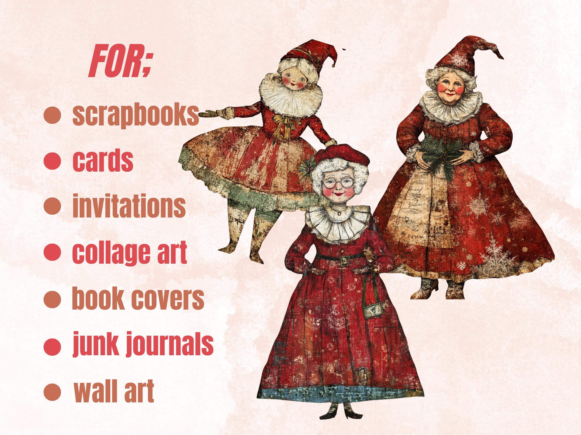 Whimsical Mrs. Claus Clipart: Christmas Collage Ephemera (PNG + JPG Digital Download