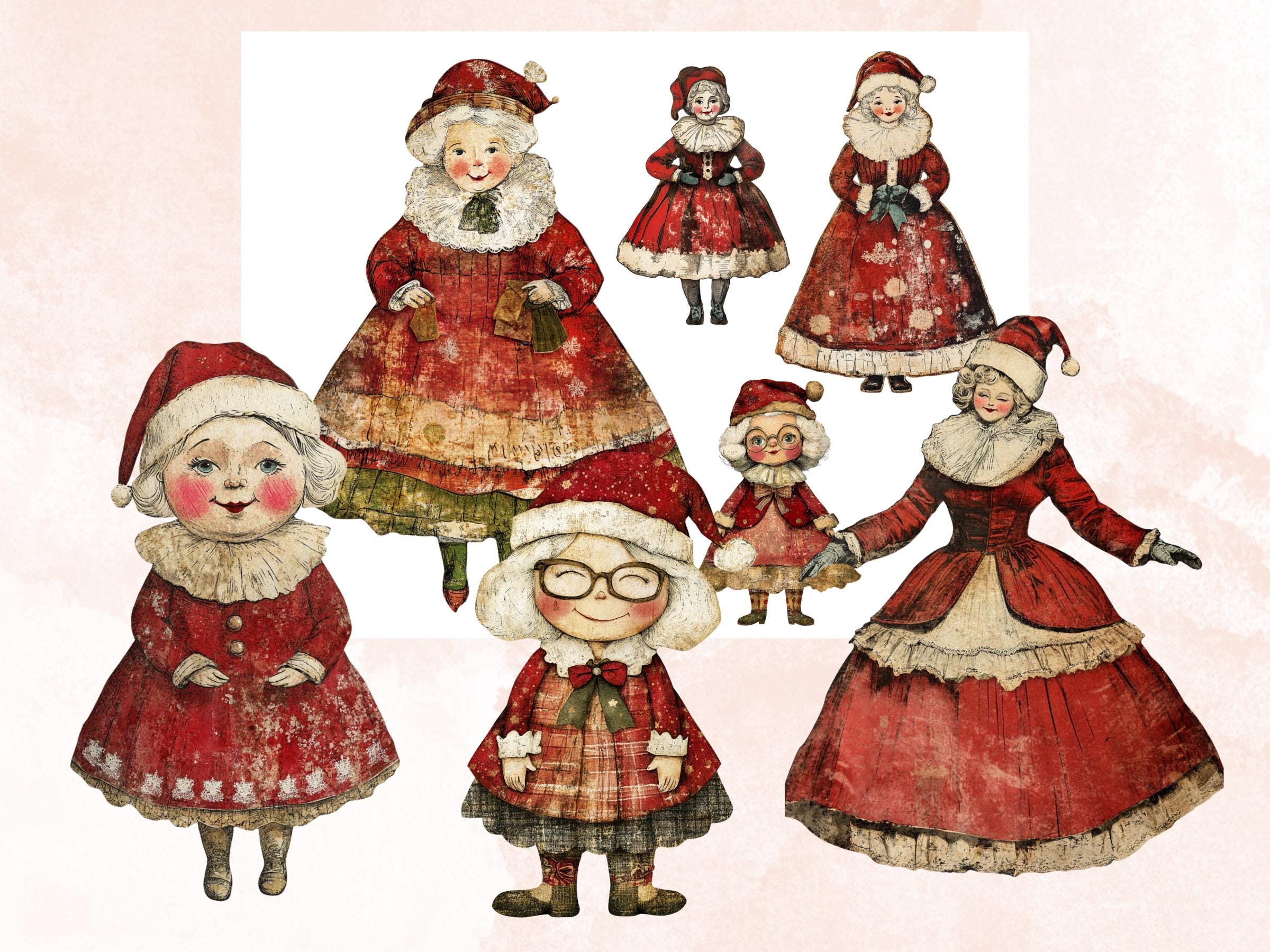 Whimsical Mrs. Claus Clipart: Christmas Collage Ephemera (PNG + JPG Digital Download