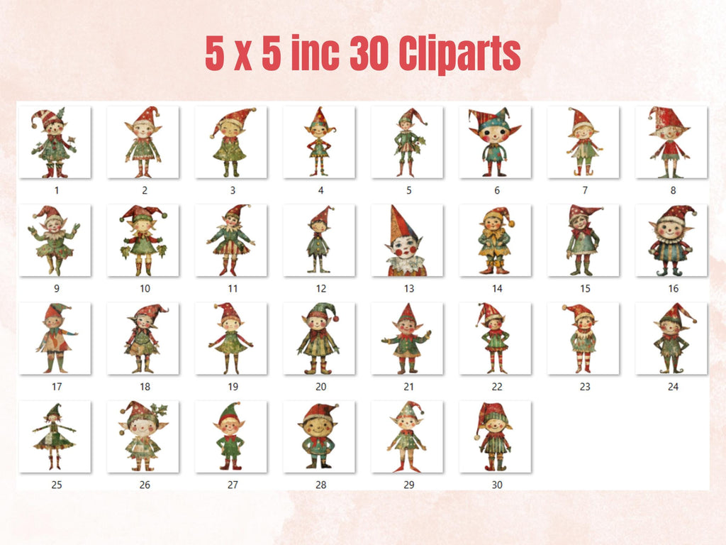 Whimsical Christmas Elf Clipart: Mixed Media Art, Fussy Cut Ephemera (PNG JPG Digital Download