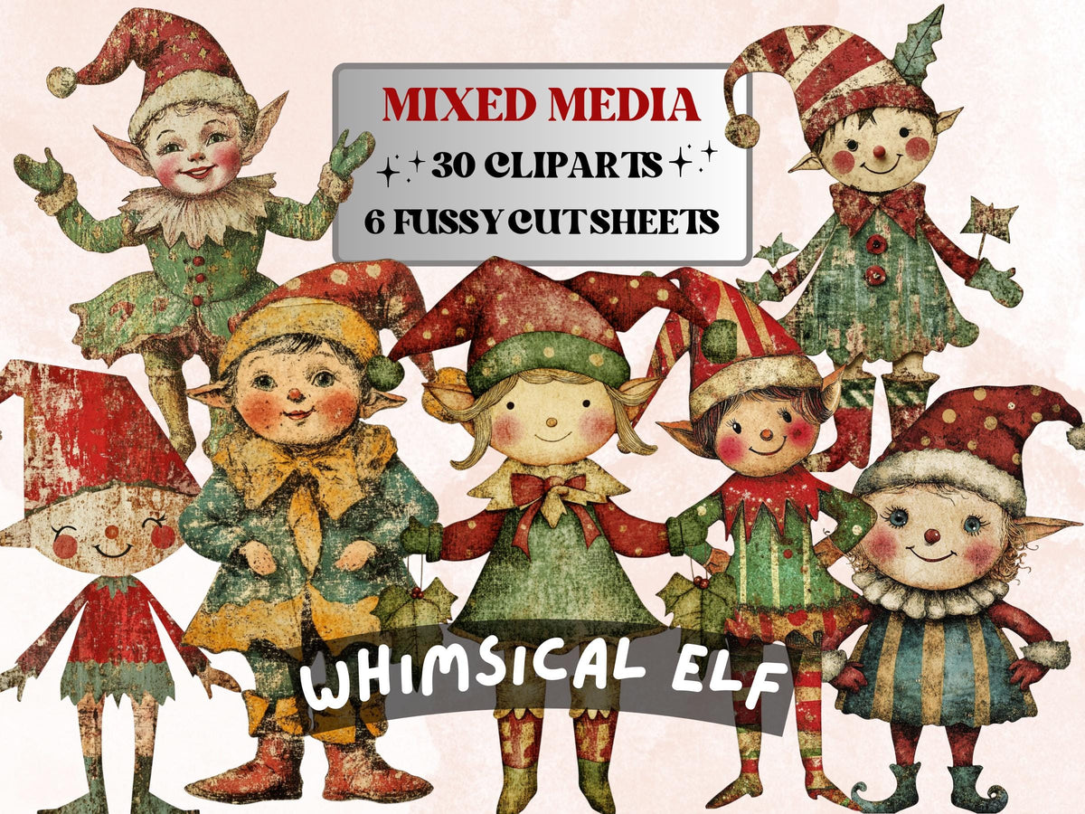 Whimsical Christmas Elf Clipart: Mixed Media Art, Fussy Cut Ephemera (PNG JPG Digital Download