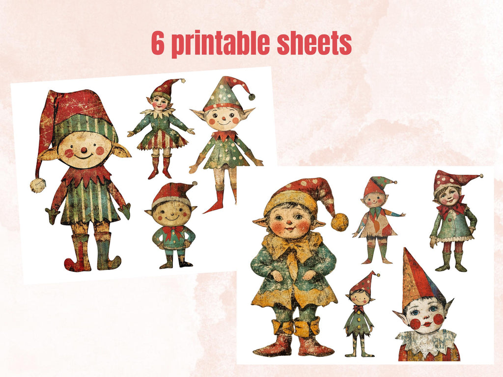 Whimsical Christmas Elf Clipart: Mixed Media Art, Fussy Cut Ephemera (PNG JPG Digital Download