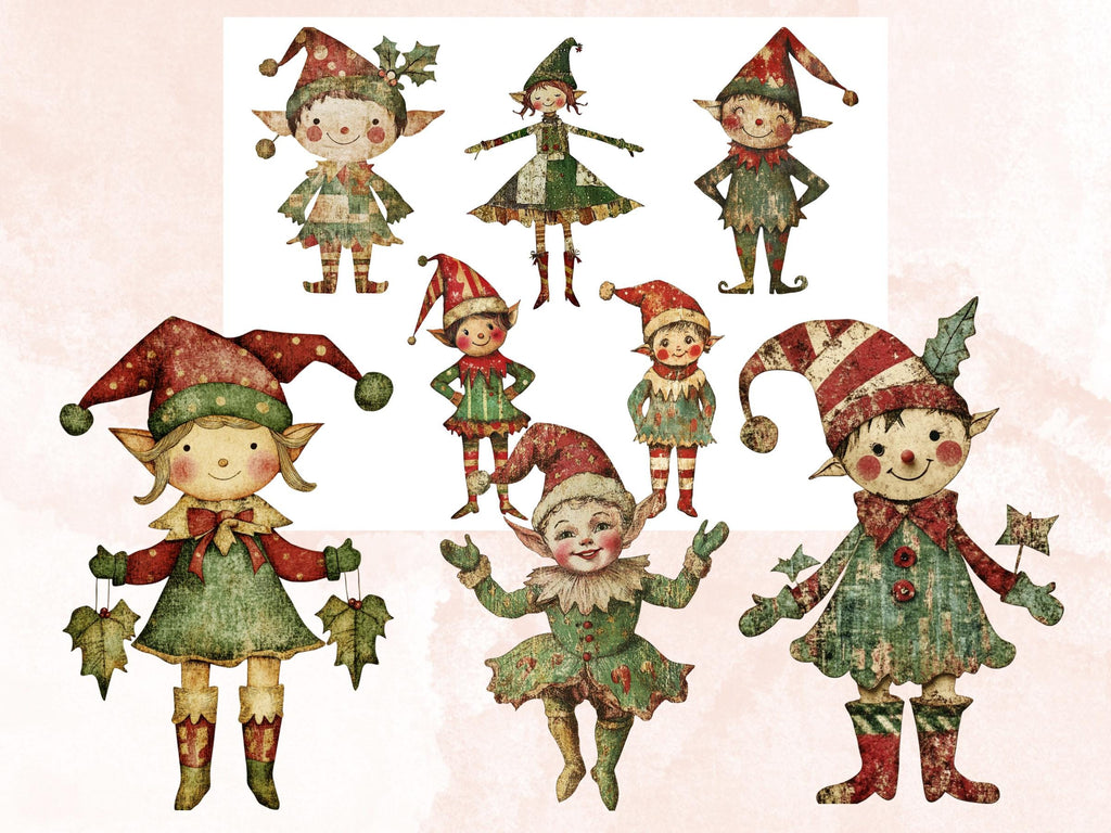 Whimsical Christmas Elf Clipart: Mixed Media Art, Fussy Cut Ephemera (PNG JPG Digital Download