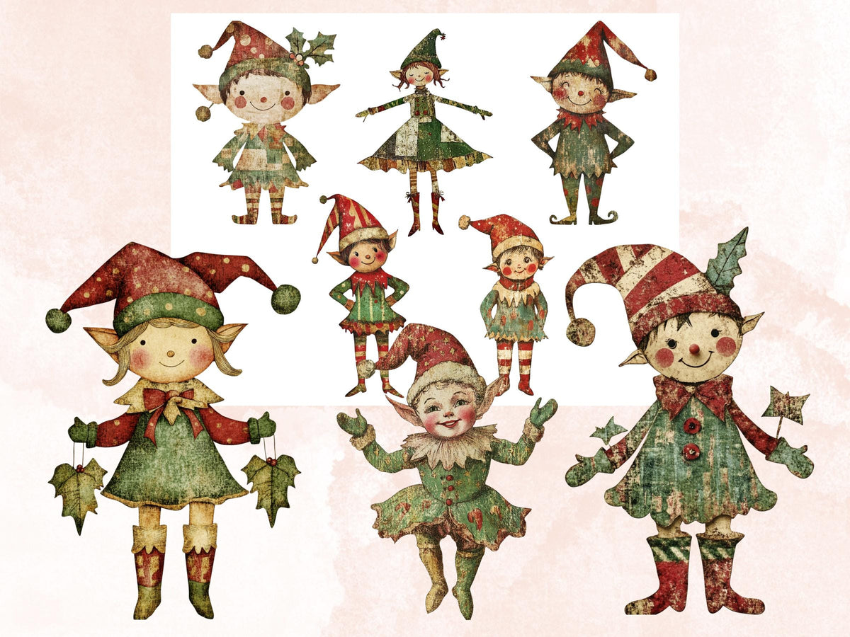 Whimsical Christmas Elf Clipart: Mixed Media Art, Fussy Cut Ephemera (PNG JPG Digital Download