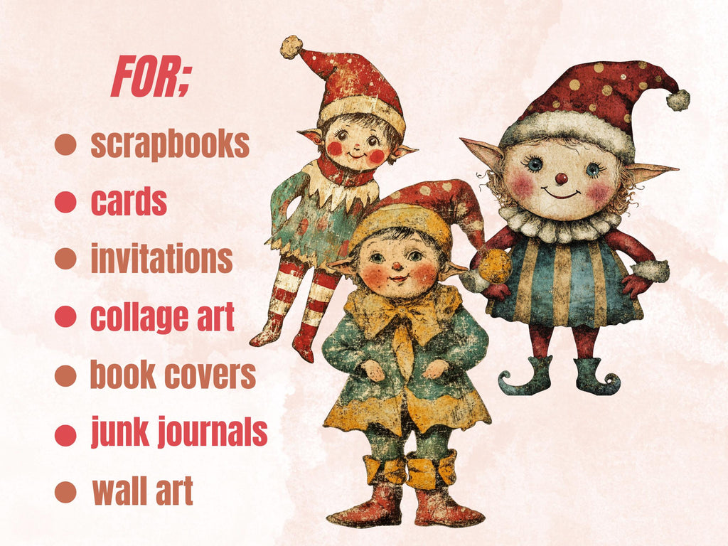 Whimsical Christmas Elf Clipart: Mixed Media Art, Fussy Cut Ephemera (PNG JPG Digital Download