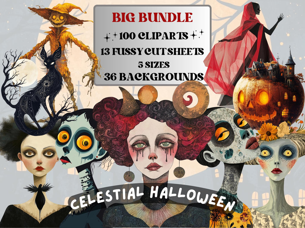 Celestial Halloween Collage Elements Bundle, Witchy Cosmic Fussy Cut, Quirky Spooky Sky Clipart, Whimsy Junk Journal, Mixed Media Sheet