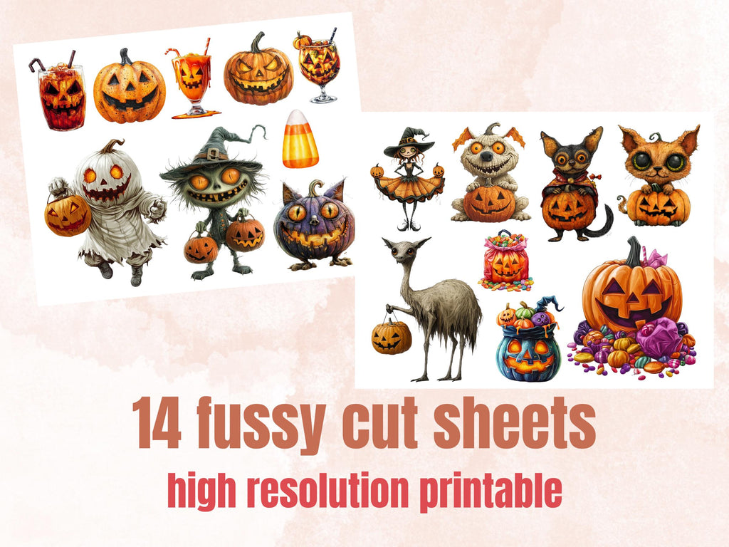 Whimsy Trick or Treat Collage Elements Bundle, Creepy Halloween Fussy Cut, Quirky Spooky Clipart, Whimsical Junk Journal, Mixed Media Sheet