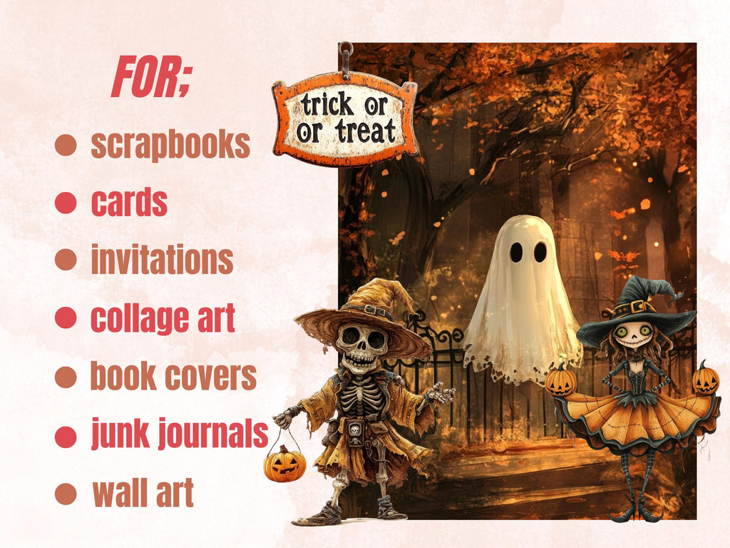 Whimsy Trick or Treat Collage Elements Bundle, Creepy Halloween Fussy Cut, Quirky Spooky Clipart, Whimsical Junk Journal, Mixed Media Sheet