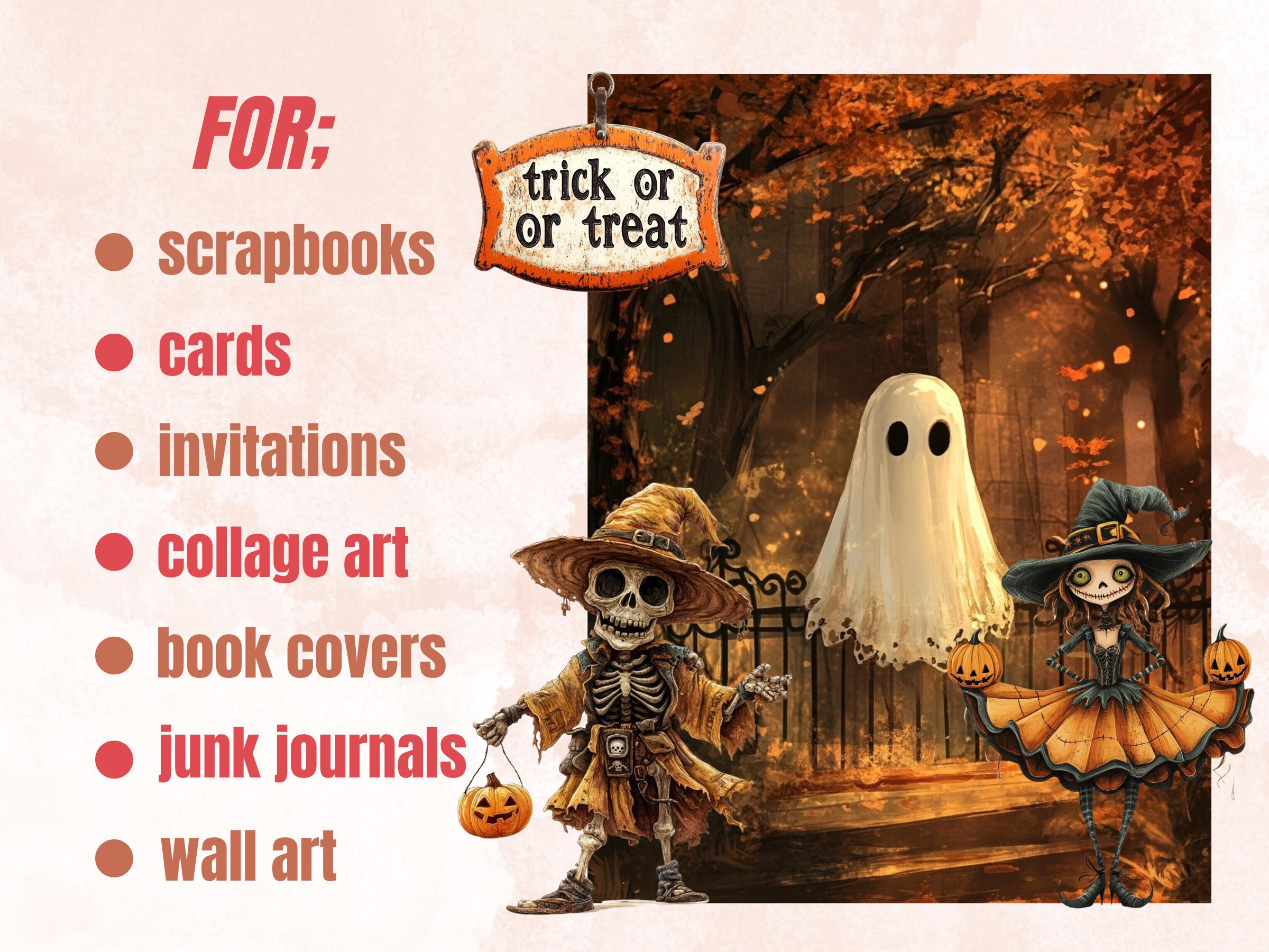 Whimsy Trick or Treat Collage Elements Bundle, Creepy Halloween Fussy Cut, Quirky Spooky Clipart, Whimsical Junk Journal, Mixed Media Sheet