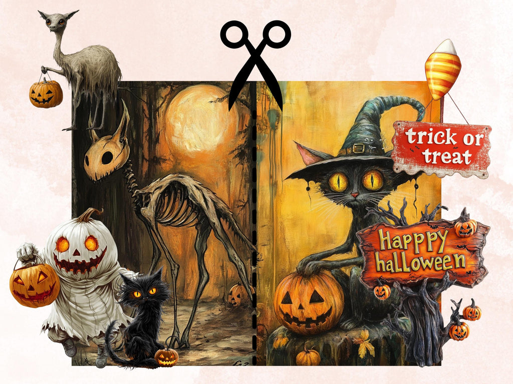 Whimsy Trick or Treat Collage Elements Bundle, Creepy Halloween Fussy Cut, Quirky Spooky Clipart, Whimsical Junk Journal, Mixed Media Sheet