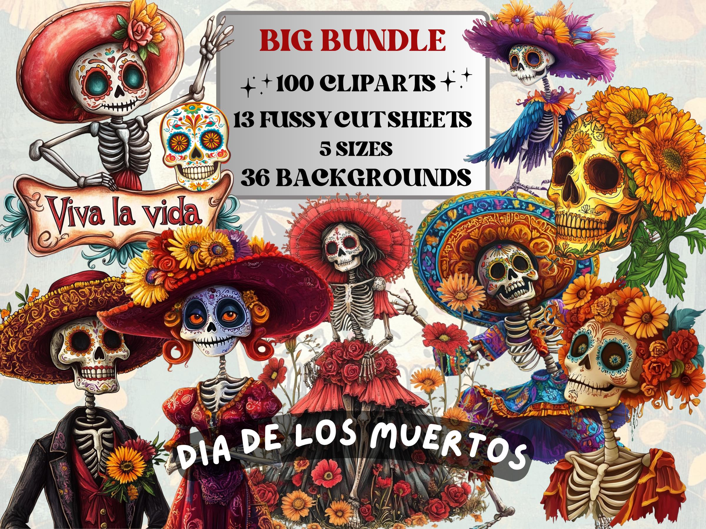 Día de Los Muertos Collage Elements Bundle, Day of the Dead Fussy Cut, Sugar La Catrina Clipart, Whimsical Junk Journal, Mixed Media Sheet