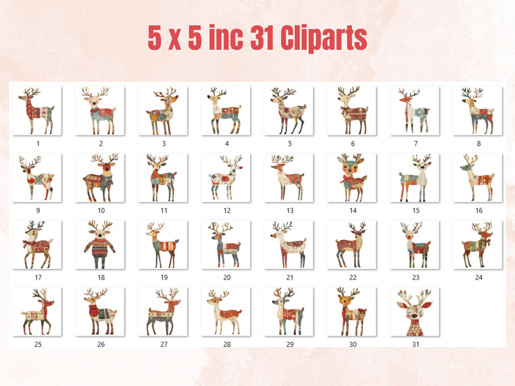 Christmas Reindeer Clipart: Whimsical Xmas Art, Fussy Cut Ephemera (PNG + JPG Digital Download