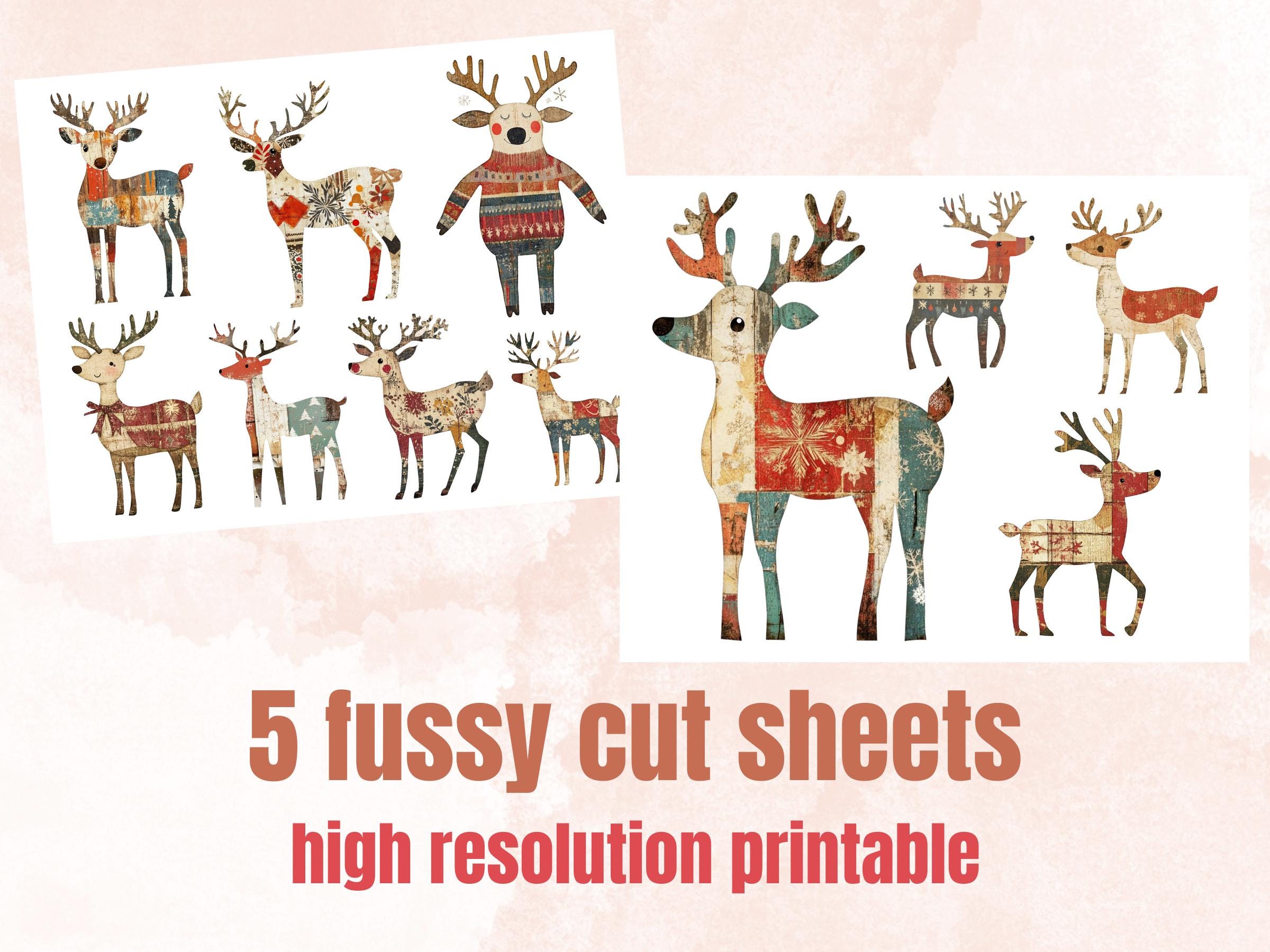 Christmas Reindeer Clipart: Whimsical Xmas Art, Fussy Cut Ephemera (PNG + JPG Digital Download
