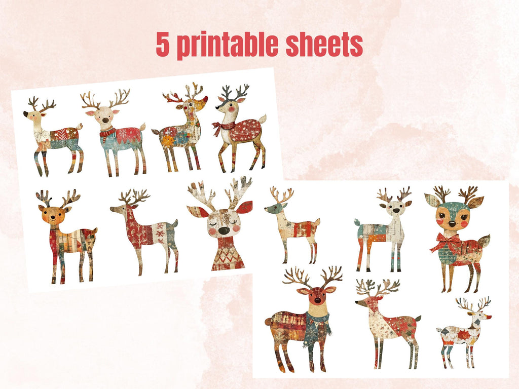 Christmas Reindeer Clipart: Whimsical Xmas Art, Fussy Cut Ephemera (PNG + JPG Digital Download