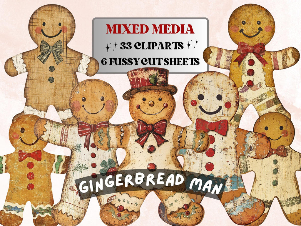 Gingerbread Man Christmas Clipart: Fussy Cut Ephemera for Scrapbooking (PNG + JPG)