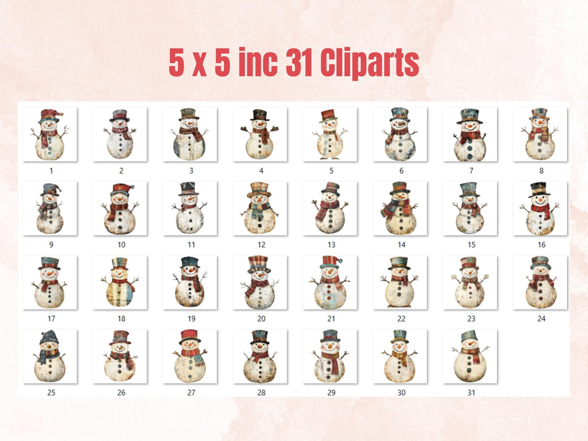 Christmas Snowman Clipart: Mixed Media Collage Sheets (PNG + JPG Digital Download