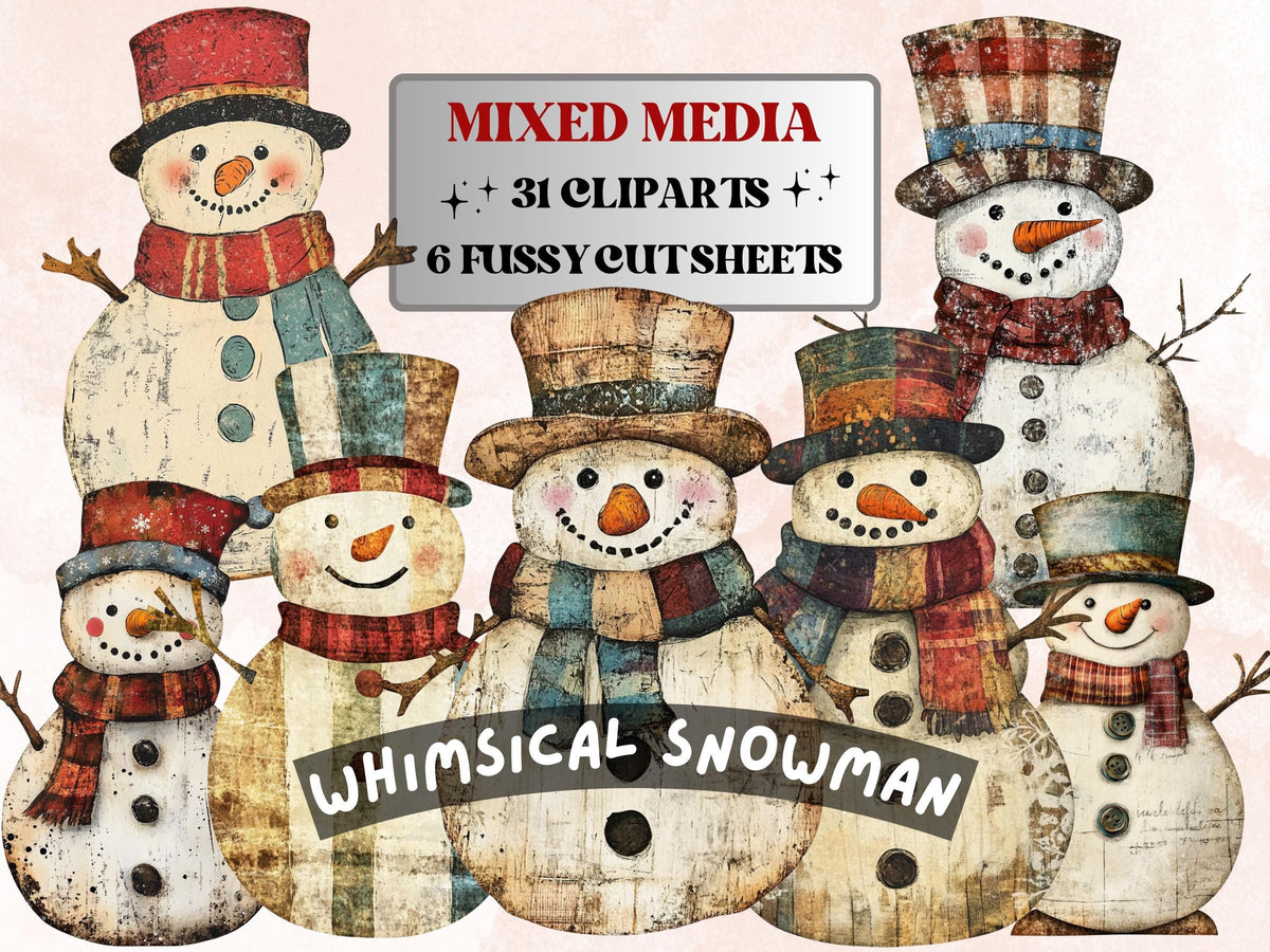 Christmas Snowman Clipart: Mixed Media Collage Sheets (PNG + JPG Digital Download