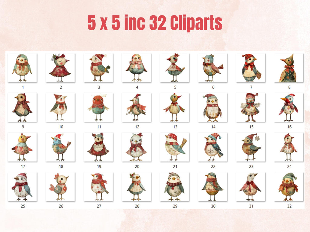 Christmas Bird Doll Clipart: Whimsical Xmas Ephemera (PNG + JPG)