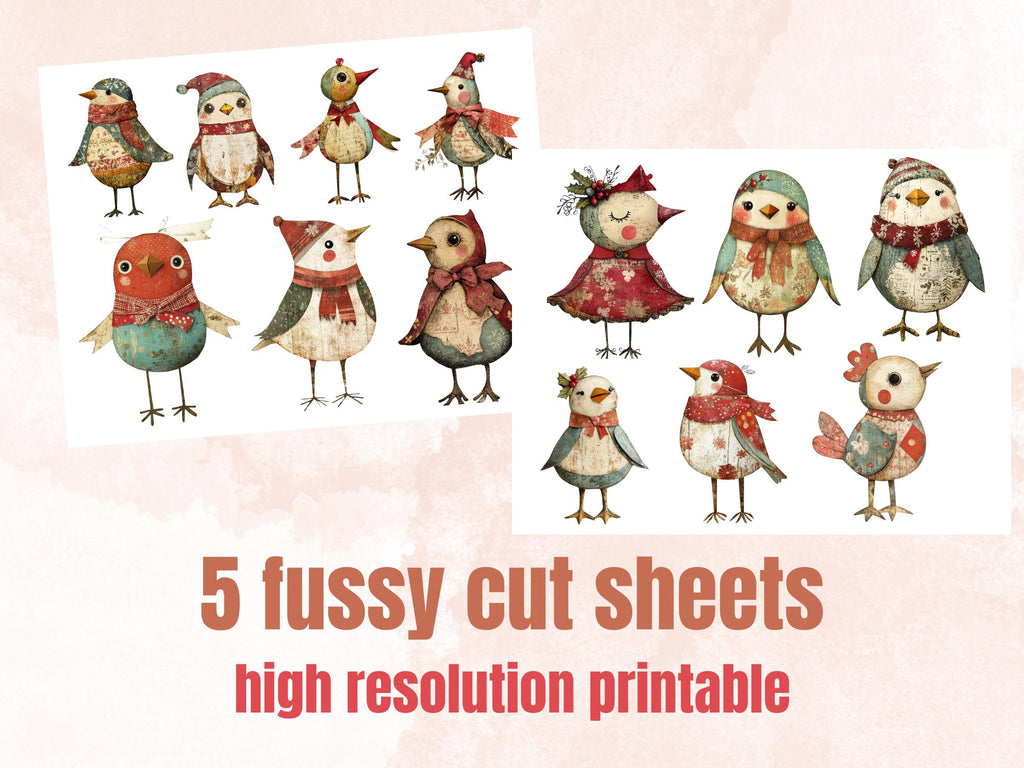 Christmas Bird Doll Clipart: Whimsical Xmas Ephemera (PNG + JPG)