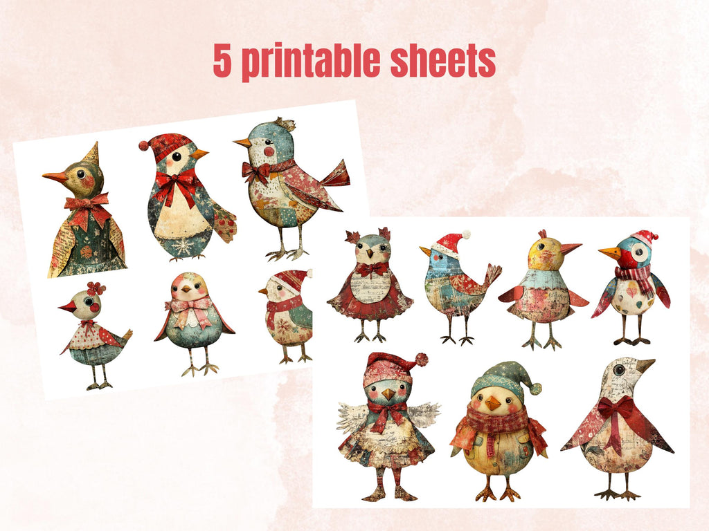 Christmas Bird Doll Clipart: Whimsical Xmas Ephemera (PNG + JPG)
