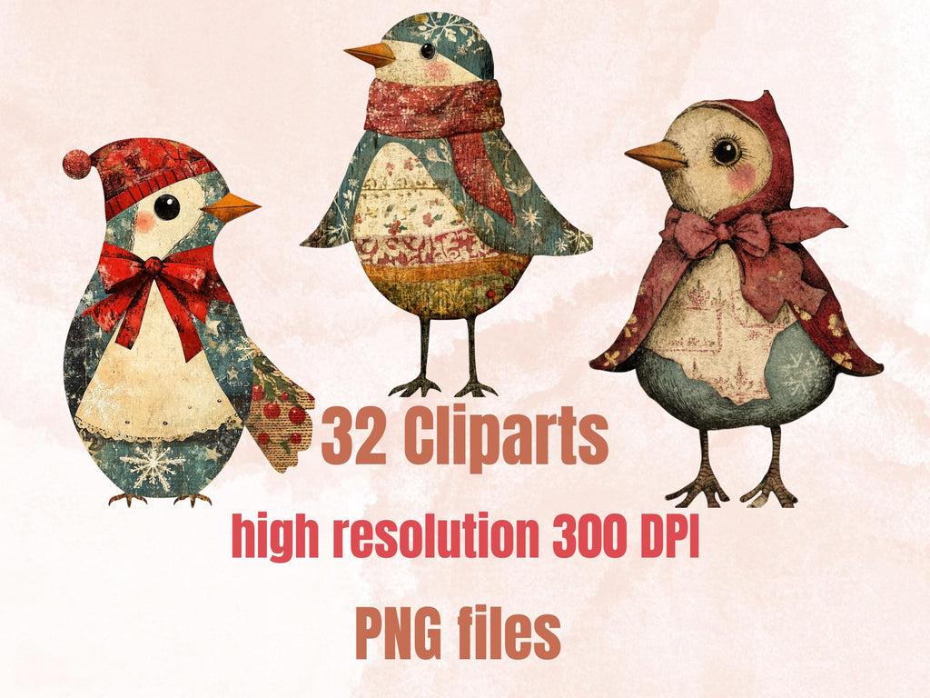Christmas Bird Doll Clipart: Whimsical Xmas Ephemera (PNG + JPG)