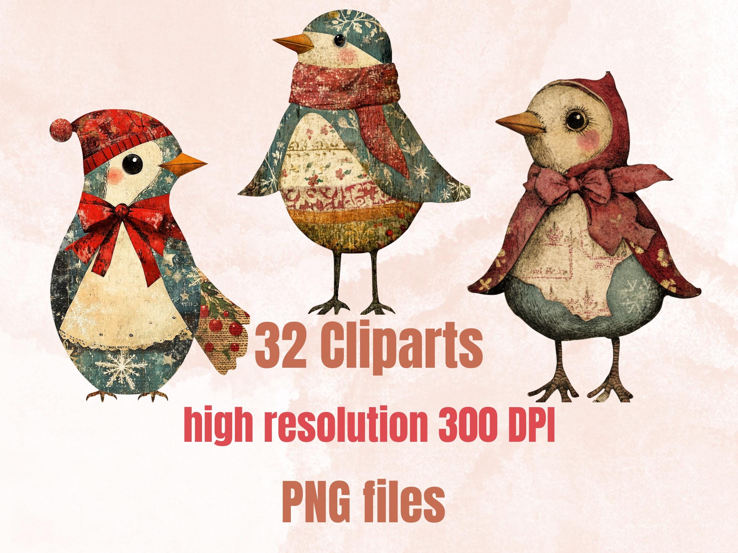 Christmas Bird Doll Clipart: Whimsical Xmas Ephemera (PNG + JPG)