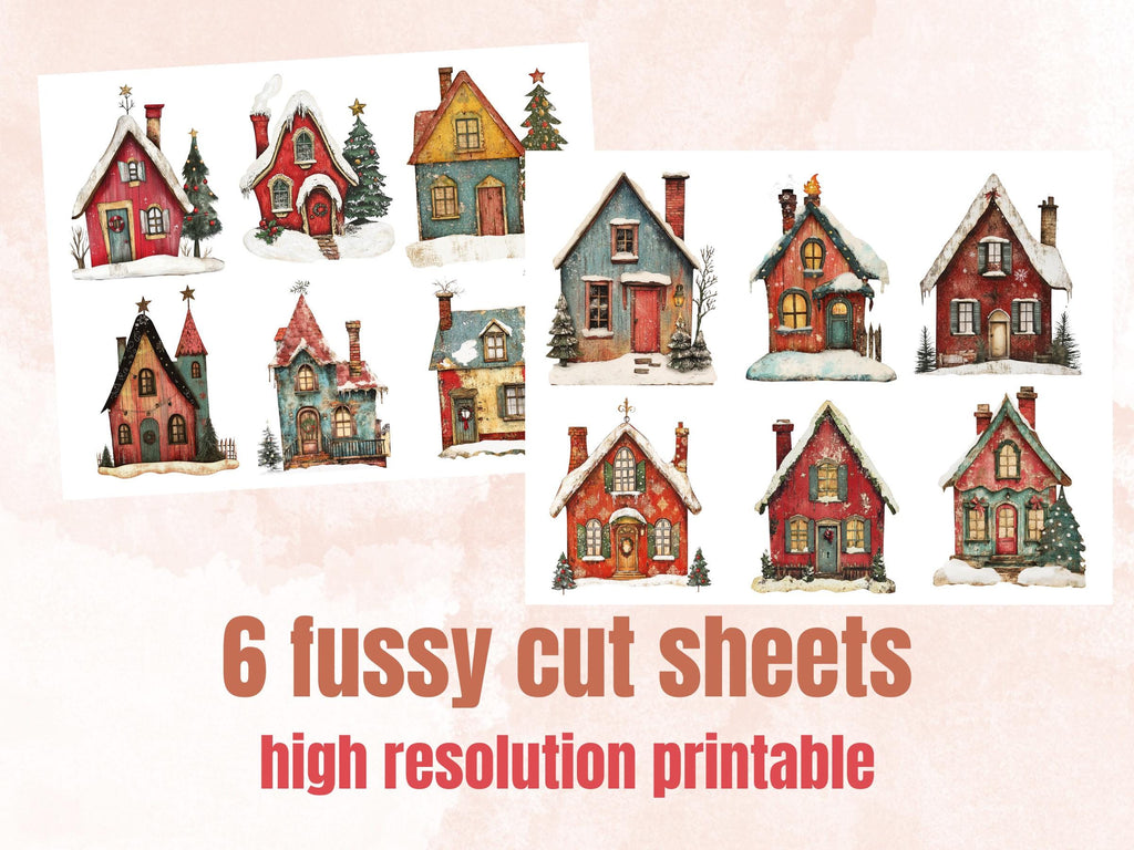 Christmas House Clipart: Whimsical Holiday PNG & JPG, Fussy Cut Sheets (Digital Download)