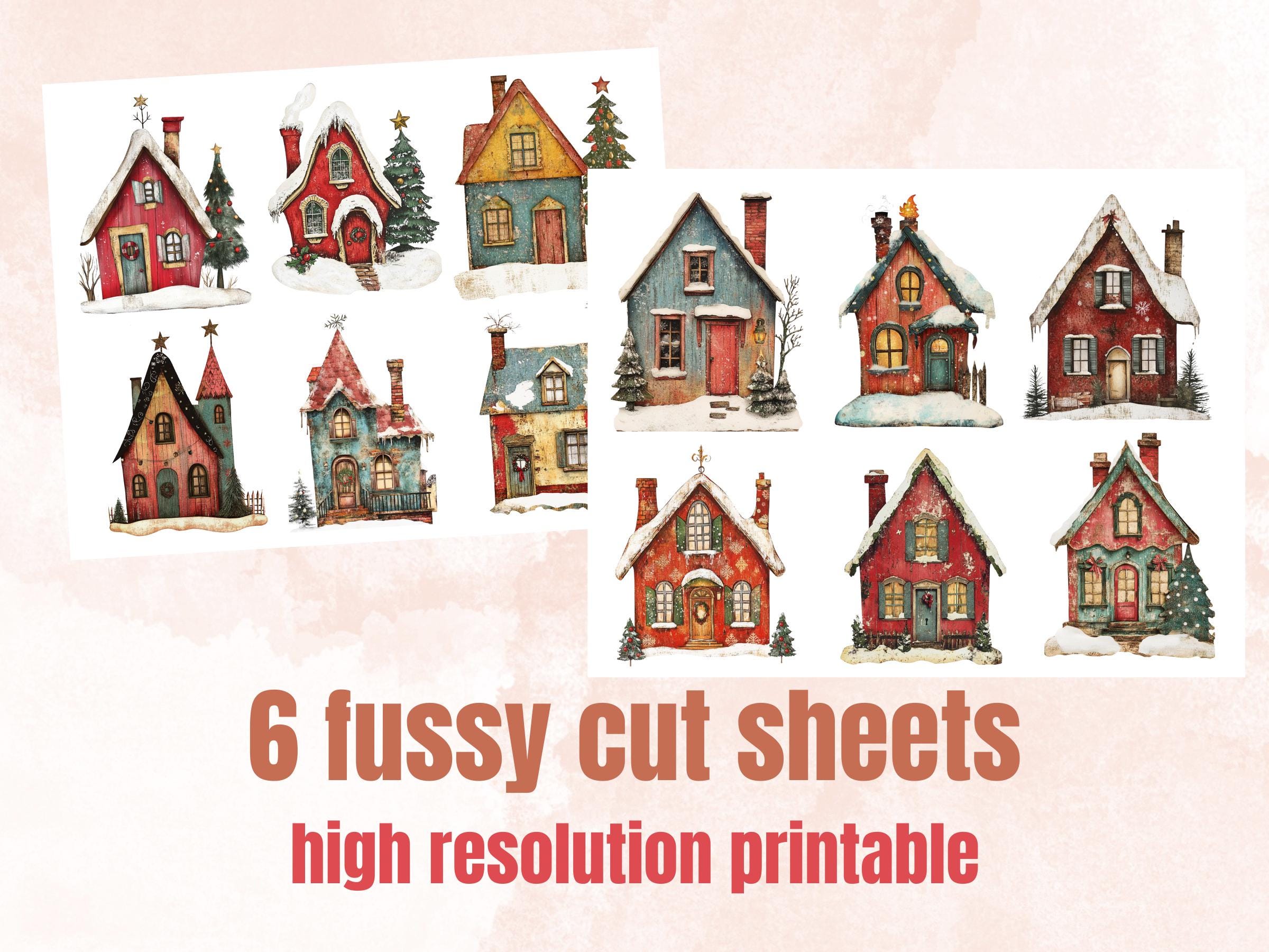 Christmas House Clipart: Whimsical Holiday PNG & JPG, Fussy Cut Sheets (Digital Download)