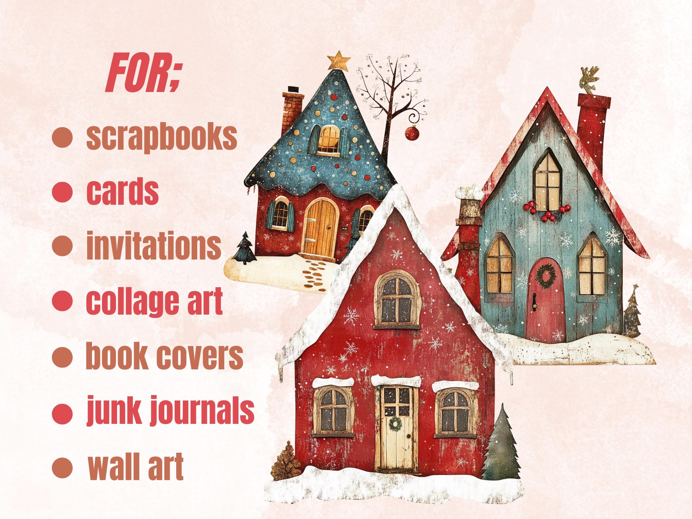 Christmas House Clipart: Whimsical Holiday PNG & JPG, Fussy Cut Sheets (Digital Download)