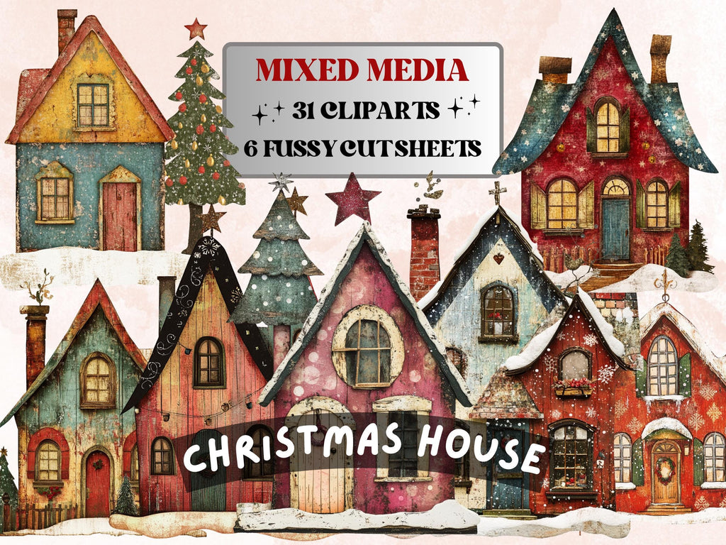 Christmas House Clipart: Whimsical Holiday PNG & JPG, Fussy Cut Sheets (Digital Download)