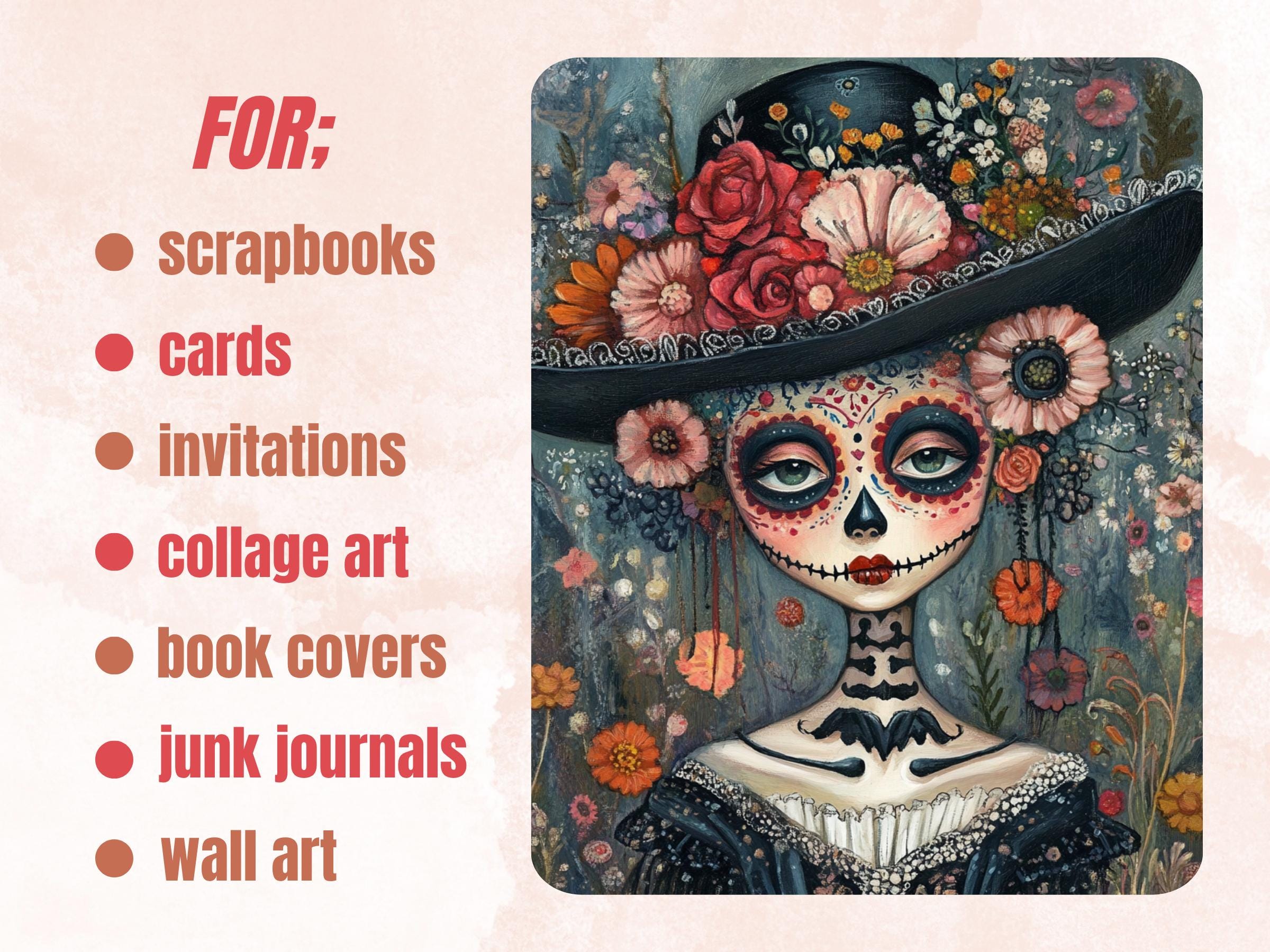 Day of the Dead Collage Paper, Dia De Los Muertos Mixed Media Sheet, Whimsical Ephemera Images, Quirky Junk Journal, Creepy Scrapbook Paper