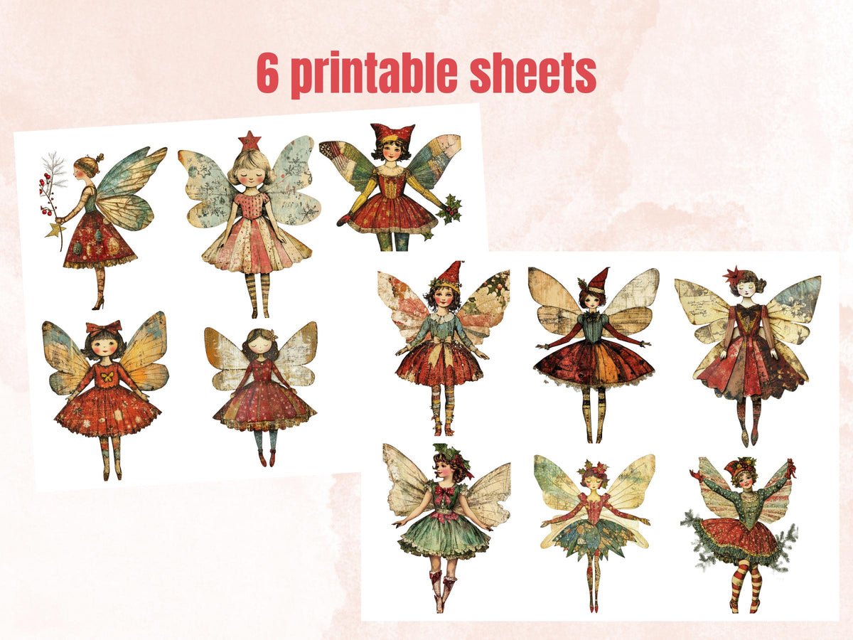 Christmas Fairy Doll Mixed Media Clipart, Whimsy Fairy Girl Fussy Cut Collage Sheet, Quirky Cut Out Ephemera, PNG + JPG for Scrapbooking